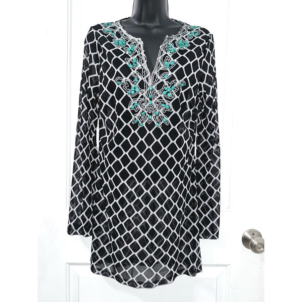 INC International Concepts top is a black and white sheer beaded tunic